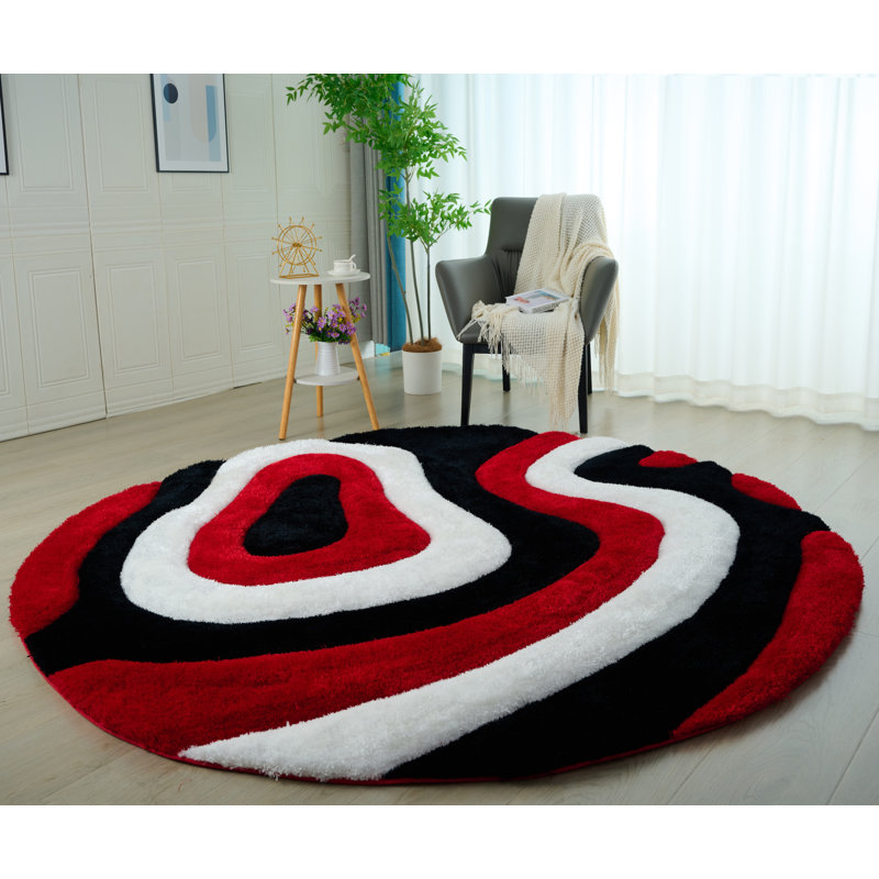 Tapis rouge / noir à poils longs Jakelyn, Rond 7 pi
