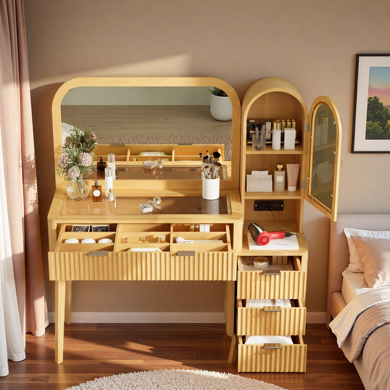 Fluted Makeup Vanity Desk With Large Mirror, 4 Drawers, Storage Cabinet, Charging Station And Glass Display Top