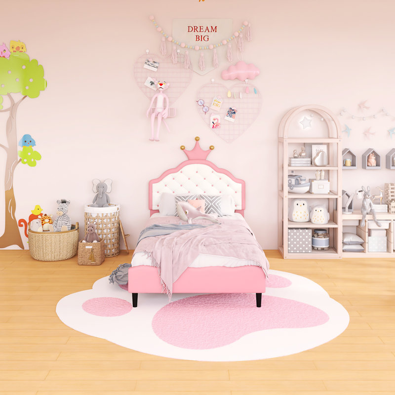 Lit simple princesse avec cadre en bois et tête de lit capitonnée, Lit simple