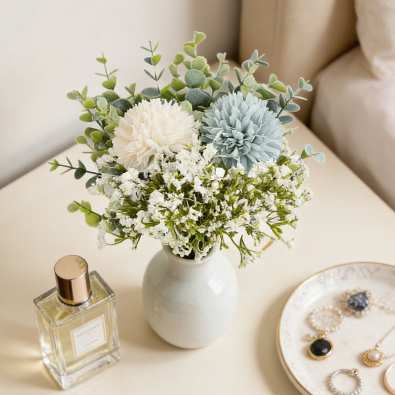 Bouquet de hortensias artificiels, bouquets de gypsophiles, bouquets de fleurs réalistes avec feuille d'eucalyptus pour le mariage, la Saint-Valentin, Pâques et la maison