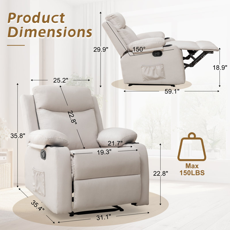 KORSER Recliner Chair, Rocker Recliners For Living Room, Small Recliner For Small Spaces, Fabric Manual Recliners With Side Pockects