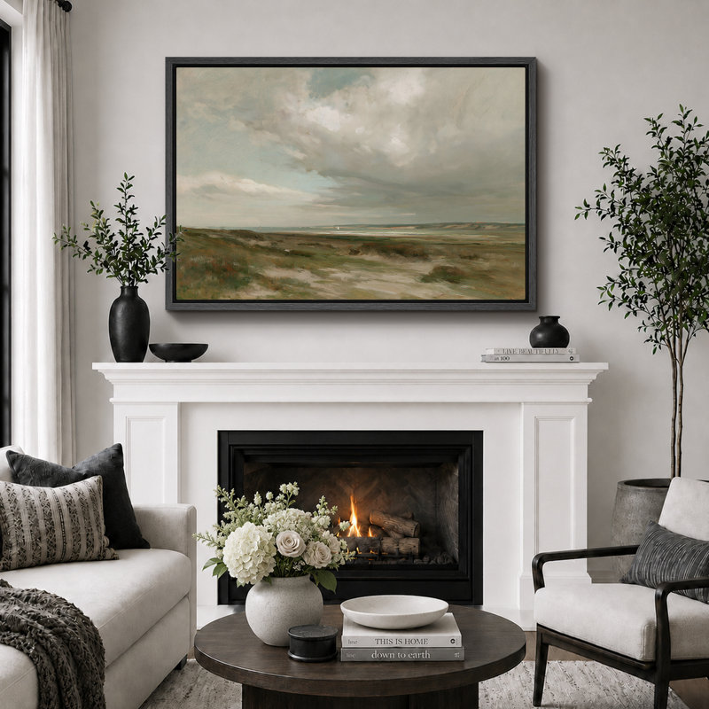 Tableau représentant un paysage de marais côtier brumeux, idéal pour le salon, impression giclée sur toile encadrée - 40 x 60 cm ou 60 x 90 cm