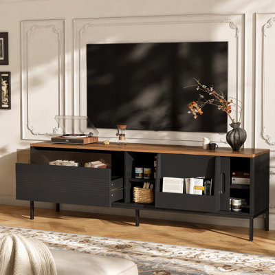UCan 70.8'' Modern TV Stand for TVs up to 75 Inches, Entertainment Center with Storage Space, Sliding Doors, Adjustable Shelves and Metal Frame, Mid Century Modern Media TV Console Table for Living R