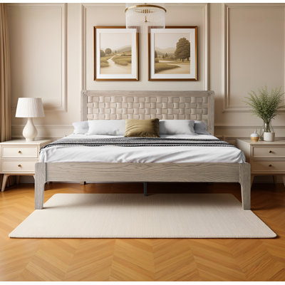Squaro Queen Platform Bed Frame -SQB-43-Q with Wood Headboard & Footboard, Center Metal Legs, Easy Set Up, 12 Durable Slatted, Anti-Slip & Noise-Free, No Box Spring Needed, Driftwood Beige