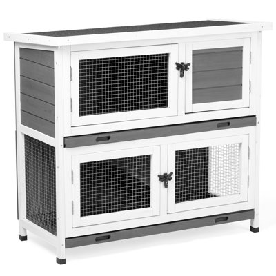 1pcs 2-story Solid Wood Rabbit Hutch Small Animal Cage - Grey, With 2 Removable Trays/2 Large Rooms, Waterproof Asphalt Roof, Indoor/outdoor, 91×45×83cm, 13.8kg, Guinea Pig House, Durable Fir Wood, Easy Clean