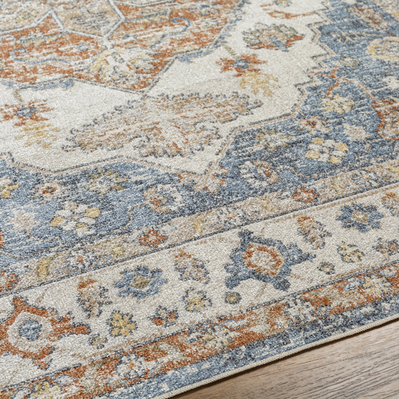 Tapis oriental en polyester tissé à la machine en bleu, Rectangle 2 pi 3 po x 3 pi 9 po