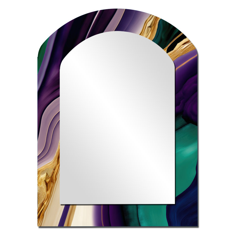 Purple, Green And Gold Bold Strokes II - Abstract Arch Wall Mirror, Modern Asymmetrical Decorative Mirror, Printed Metal Art