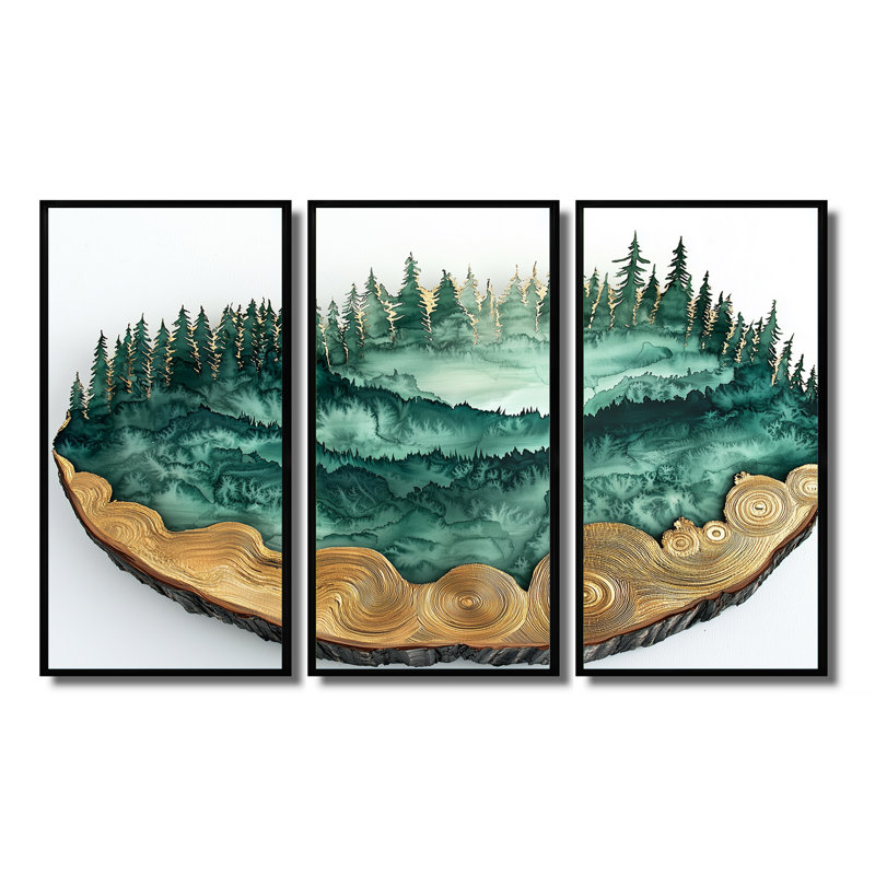 «Pine Trees Forest Landscape Into A Wood Slide IV», ensemble de 3 arbres, H 40 po x l 60 po, Framed Print without Mat, Noir