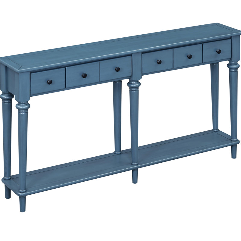 Console bleu marine avec 4 tiroirs et tablette ouverte By. Pin rétro de style rétro. Le plateau de table robuste peut supporter 220 lb, le tiroir 15 inférieur et 33 lb. Table fonctionnelle fonctionnelle. Instructions d'assemblage