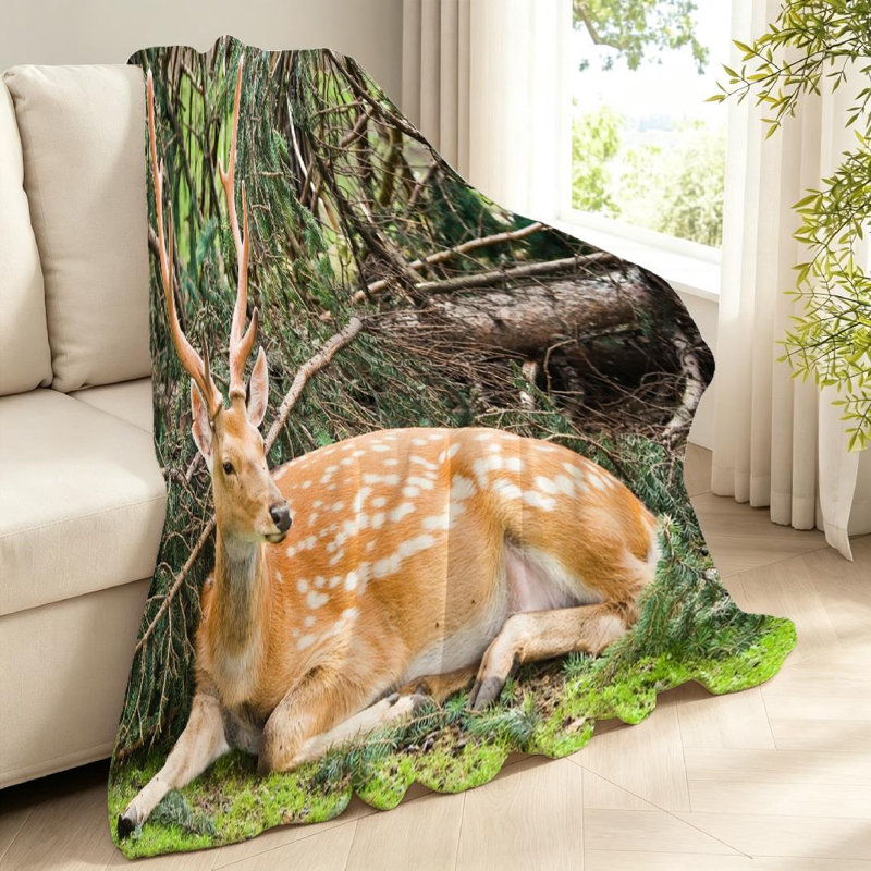 Jeté en molleton blanc ultra doux en flanelle à imprimé recto Sika Deer, Jeté 40 po x 50 po