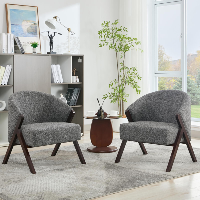 Modern Linen Fabric Accent Chair with Wood Frame Comfy Upholstered for Bedroom, Gray, Brown