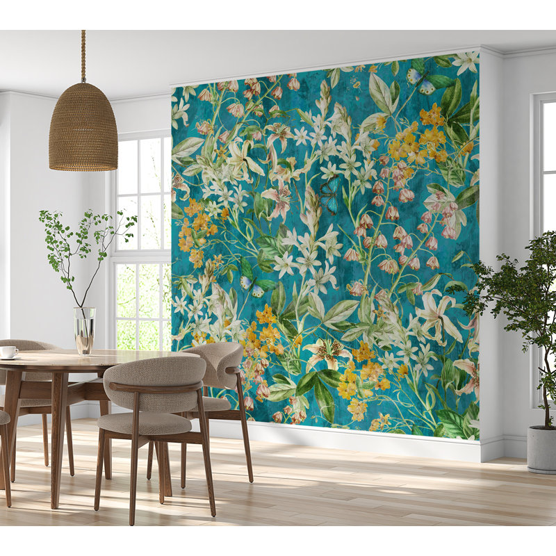 Murale botanique pelez et collez Christopher - Bleu jardin printanier, L 120 po x l 90 po