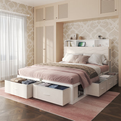 Upholstered Platform Bed Frame with 8 Storage Drawers, Storage Bed with LED light & Charging Station, Velvet Tufted Headboard with Adjustable Bedside Tables, No Box Spring Needed