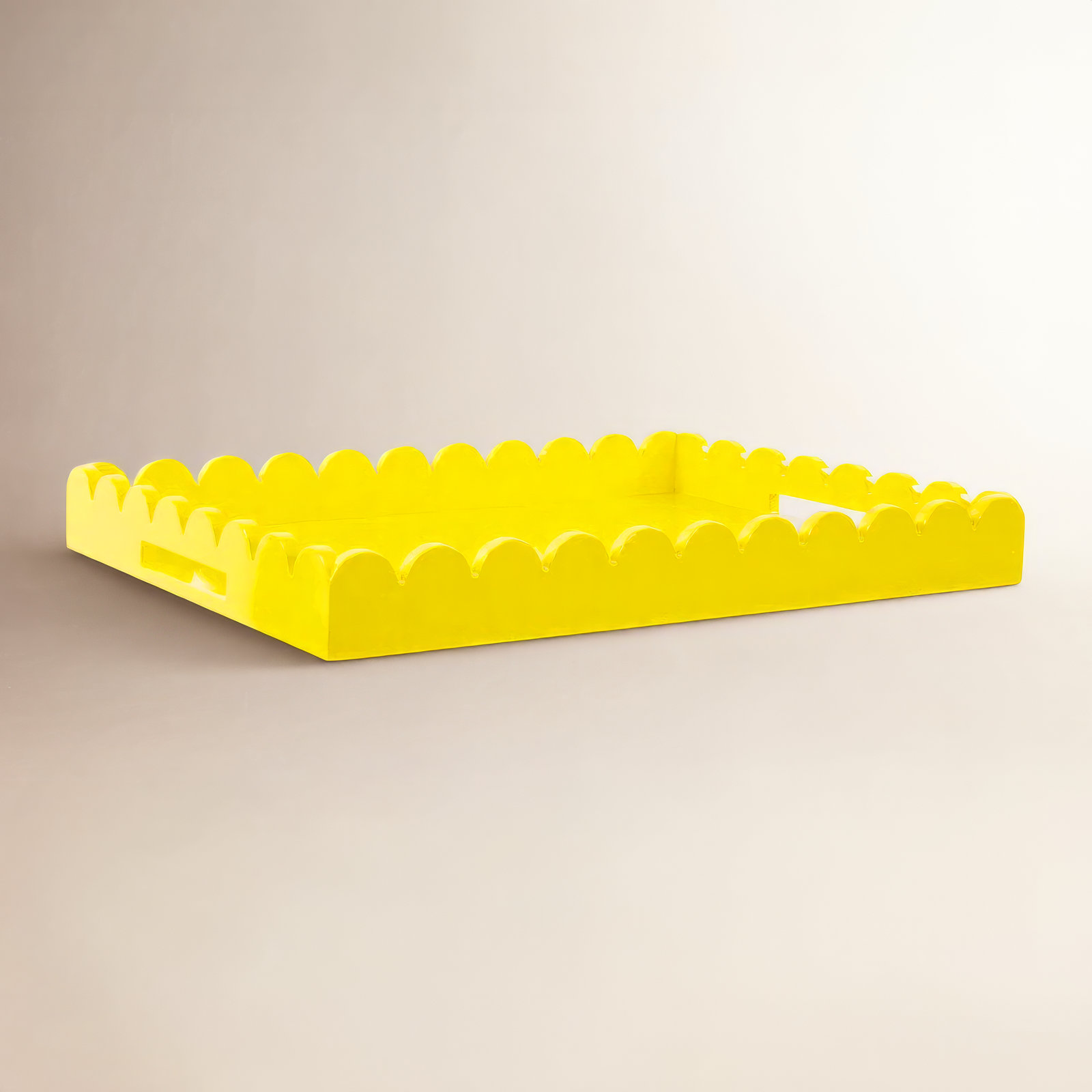 Hindley Hand-Crafted Rectangular Scalloped Wood Tray, Yellow