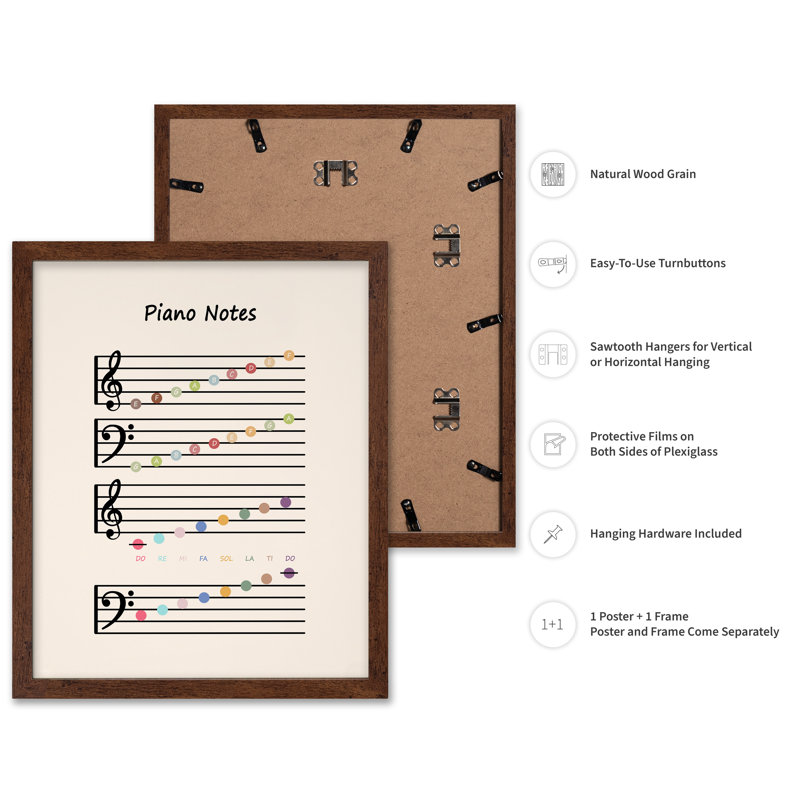Piano Notes, Poster, 12"H x 16"W, Brown Framed