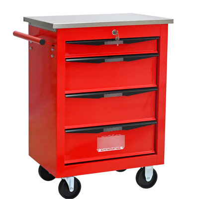 Chariot à outils multifonctionnel rouge et noir à 4 tiroirs avec roulettes et couvercle en acier inoxydable, pour atelier de garage, fonction de freinage, poignée sur un côté, tiroirs à roulement de charge de 15 kg, clé