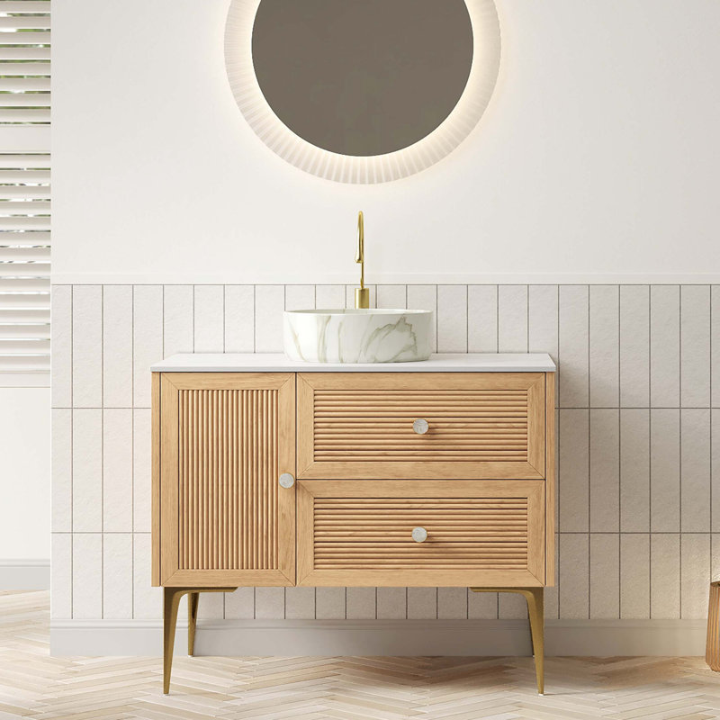 Meuble-lavabo de 36 po avec lavabo, armoire de rangement autoportante avec 4 pieds en métal, porte et 2 tiroirs, lavabo en céramique avec motif en pierre, sans robinet, pré-assemblé