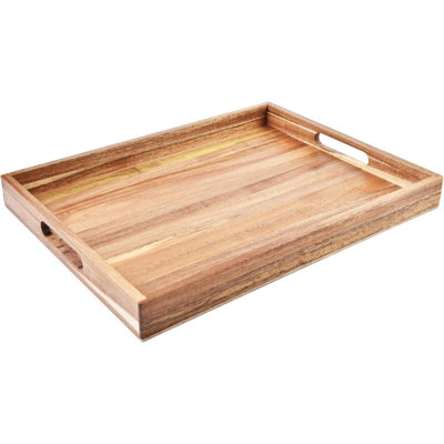 Acacia Wood Serving Tray With Handles  Decorative Serving Trays Platter For Breakfast In Bed, Lunch, Dinner, Appetizers, Patio, Ottoman, Coffee Table, BBQ, Party  Great For Lap &Couch