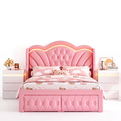 Ensemble de chambre à coucher 3 pièces avec cadre de lit à DEL avec rangement à oreilles et table de chevet à DEL USB