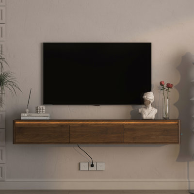 Floating Tv Stand With Power Outlet And Led Lights, High Gloss Wood Shelf. 3 Standard 2 Ports For Convenient Charging Of Various Devices. Touch - Sensitive Led Strip Above Cabinet. Open Shelves