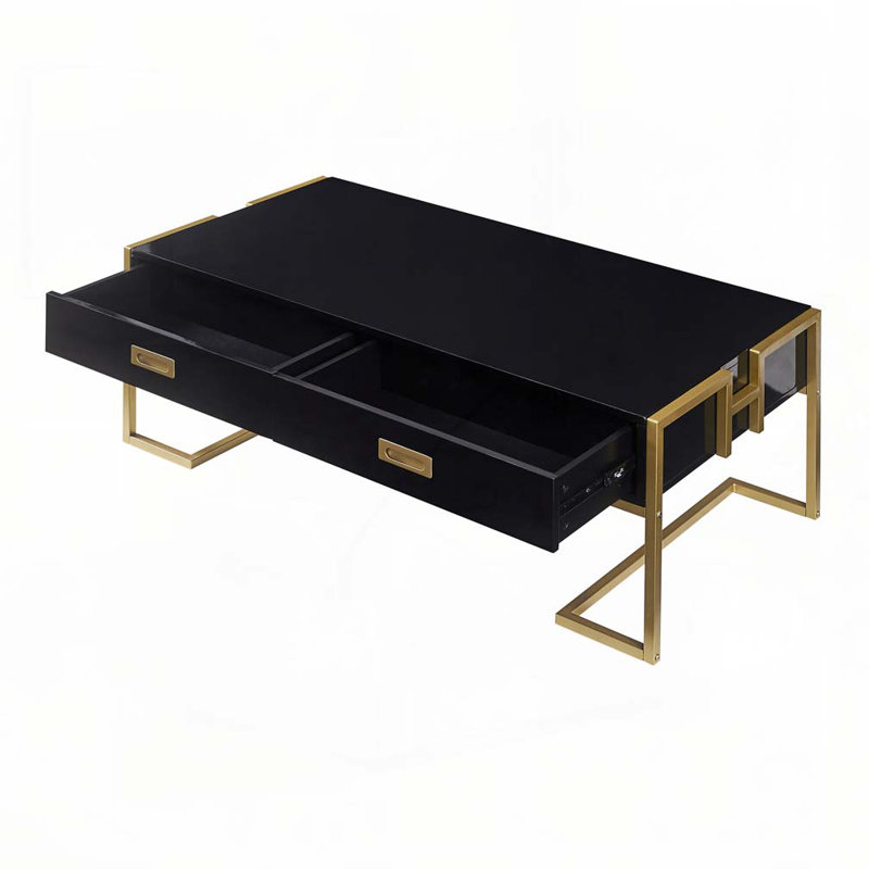Rectangular Coffee Table with 4 Drawers and Gold Base, Black