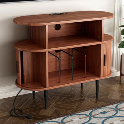 Large Round Record Player Stand With Charging Station & USB Ports, Record Storage Cabinet, Mid Century Modern Turntable Stand
