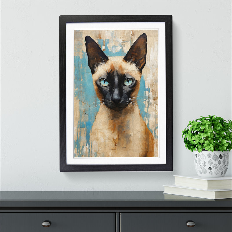 Siamese Cat Gestural - Single Picture Frame Print on Wood, Black , 64cm H x 46cm W x 2cm D