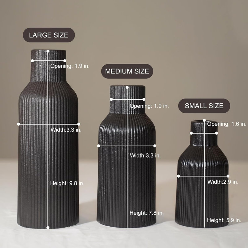 Set Of 3 Black Ceramic Vases