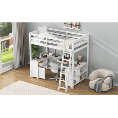 Ensemble de lit mezzanine Estvale avec bureau en U, structure en bois robuste et grand espace de rangement