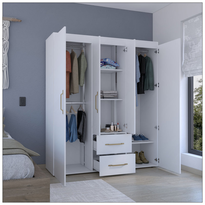 Garde-robe, armoire de luxe avec plusieurs options de rangement et détails métalliques, blanc, Blanc