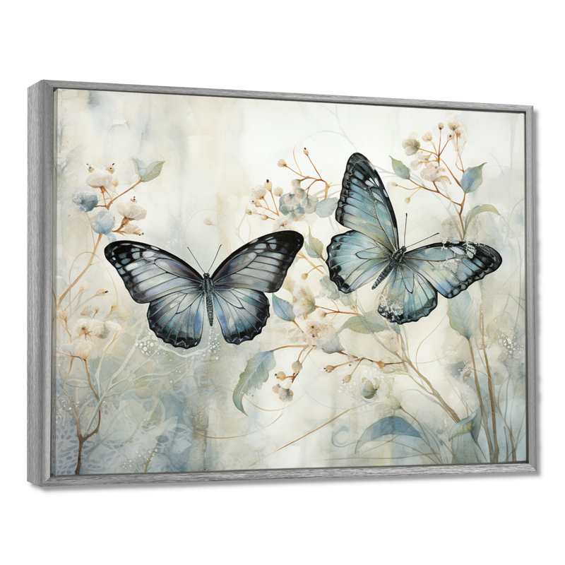 «Blue Beige Butterfly Wings Of Serenity», art sur toile papillon, H 24 po x l 32 po, Reproduction avec cadre flottant