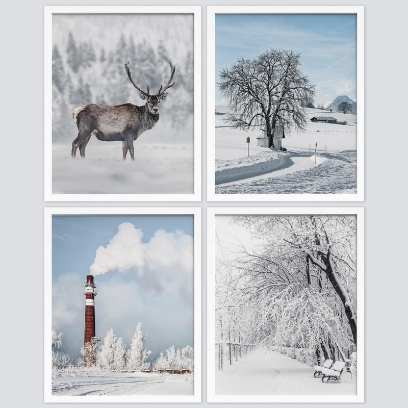 «Snowy Winter Autumn Frost Deer Forest Nature», reproduction d'art encadrée sur papier, 4 pièces, Naturel, H 10 po x l 8 po