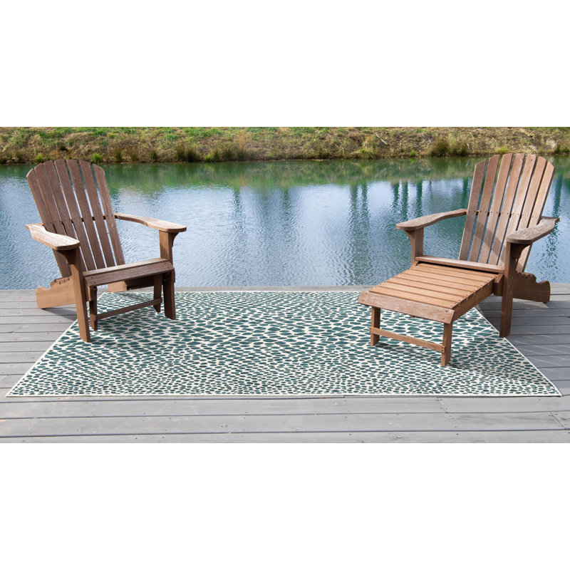 Teal and Ivory Rectangular Outdoor Area Rug, 6' x 9'