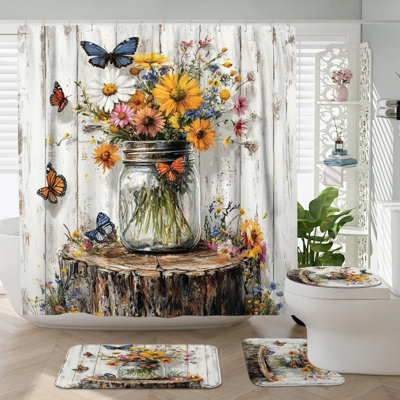 Mason Jar Wildflower Butterfly Shower Curtain Sets & Bathroom Mat, 4-Piece Set, White