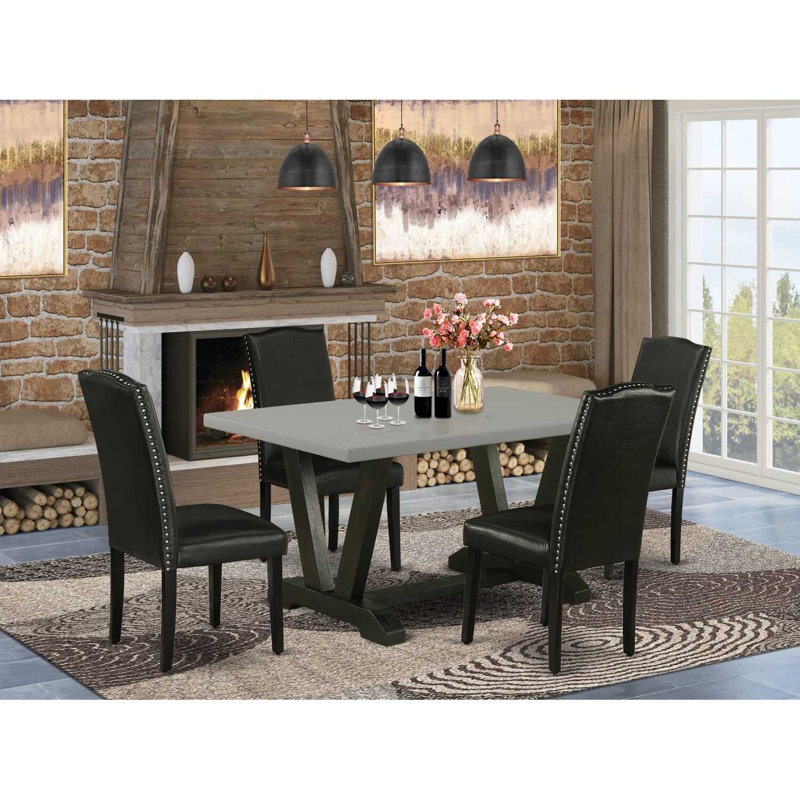 5-Pc Modern Dining Set – 4 Black PU Parson dining room chairs high back and a Cement Dining Room Table - Wire Brushed Black Finish