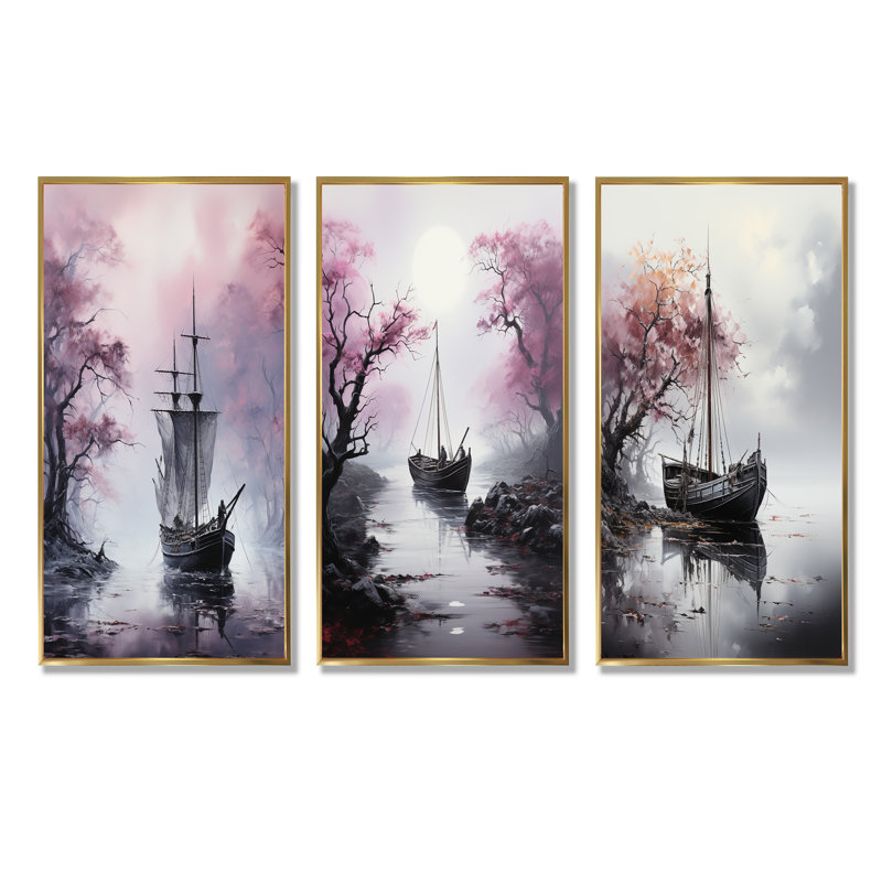 Mystic Pirate Boat Voyage I - Bateau d'art côtier, ensemble d'art mural sur 3, Cadre flottant doré, H 28 po x l 36 po