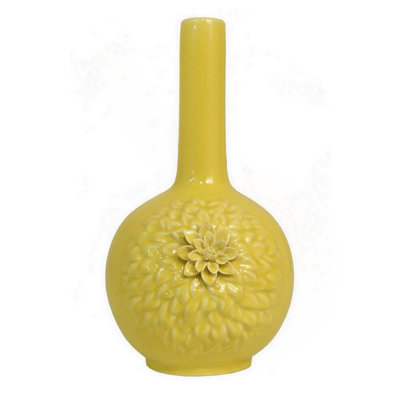 Remi Flower Vase, Narrow Neck, Yellow Ceramic w Floral Motifs, 16 Inch