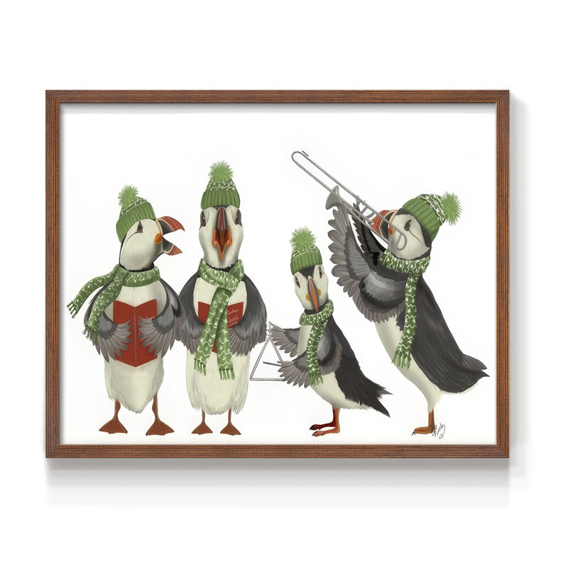 Puffin Quartet -Framed Print - Restickable, 8" H x 10" W, Walnut