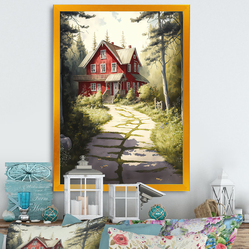 Charmant chalet rouge III - reproduction sur toile, H 40 po x l 30 po x P 1,5 po, Toile encadrée dorée avec coins fermés
