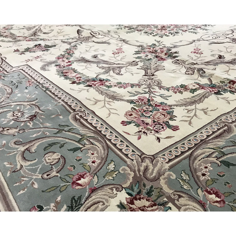 Hand-Knotted High-Quality Cream and Light Green Square Area Rug