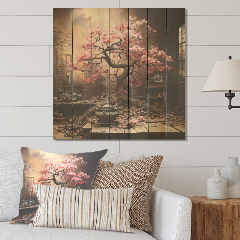 Bonsaï rose rose en fleur - Bonsaï sur bois, H 36 po x l 36 po