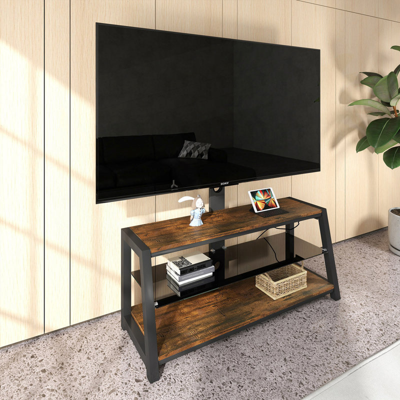 Storage TV Stand, Tempered Glass Height Adjustable Universal Swivel Entertainment Center With Mount TV Stand, Browm