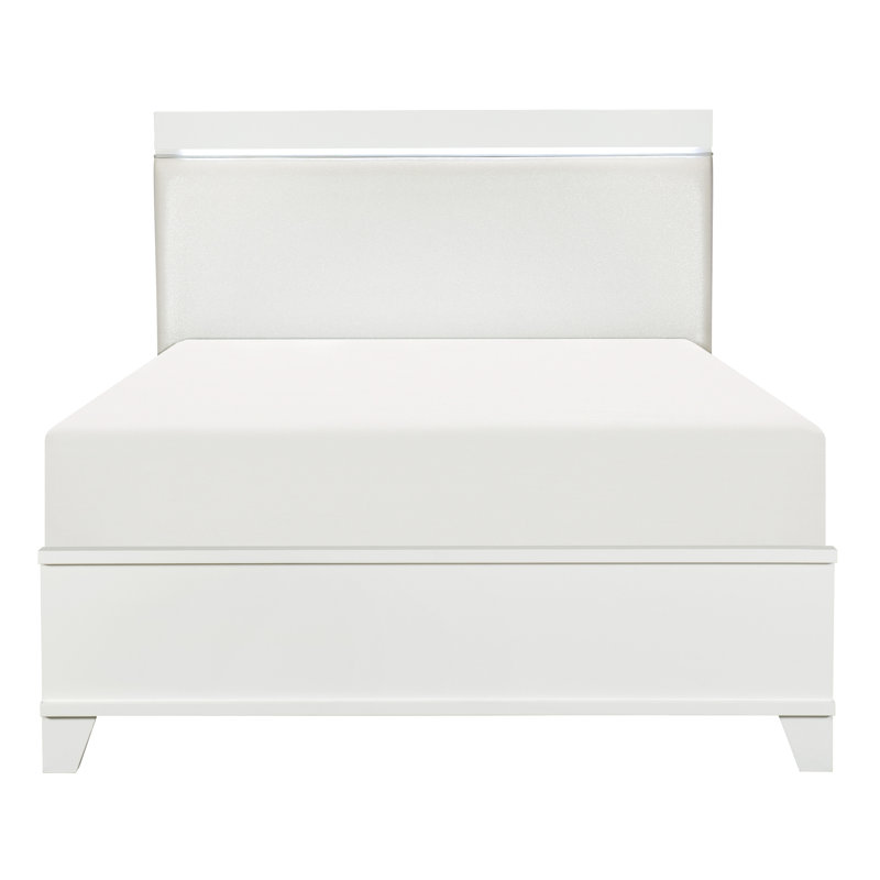 Lit moderne avec finition en lustre blanc et tête de lit en similicuir éclairée à DEL, Lit double