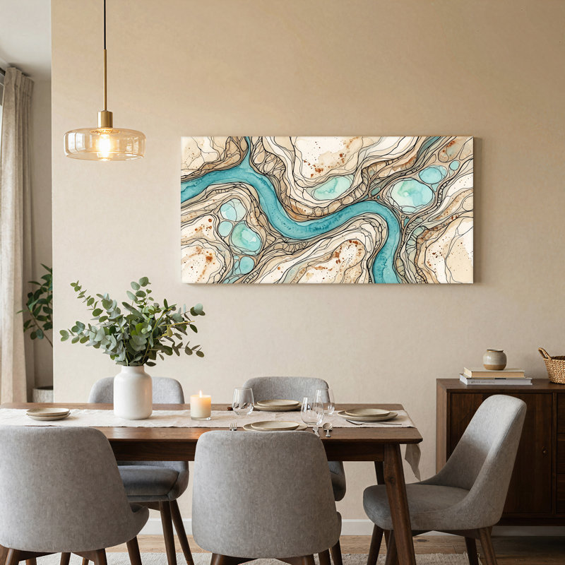 Turquoise, rivière qui coule à travers un paysage de toile beige et brun 47 x 24 x 1,5 po