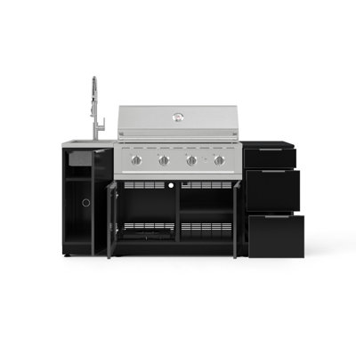 Ensemble d'armoires d'extérieur en aluminium noir 5 pièces avec évier, 3 tiroirs, armoire de barbecue, barbecue au propane liquide 40 po, comptoir noir Dekton 16 po et robinet chromé