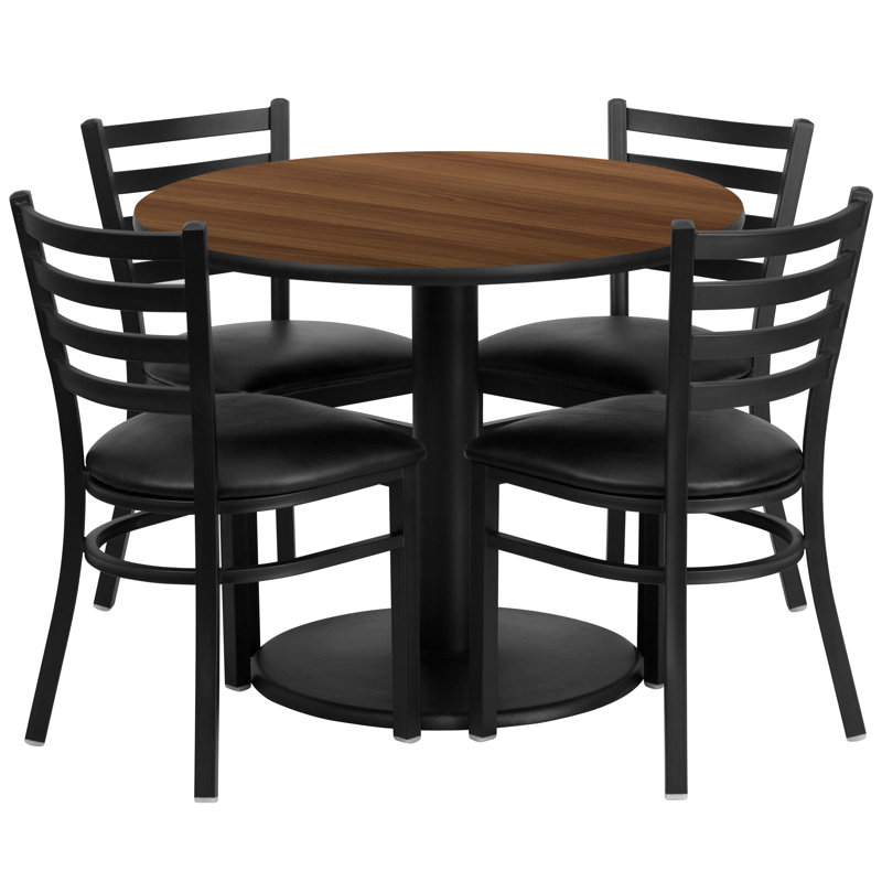 Neelam 36'' Round Laminate Table Set with Round Base and 4 Ladder Back Metal Chairs, Walnut, Black Faux Leather