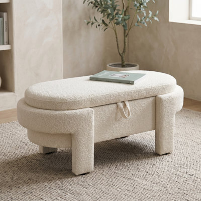 Banc de rangement moderne avec repose-pieds ovale blanc, banc décoratif en lin avec rangement pour le salon de la chambre à coucher