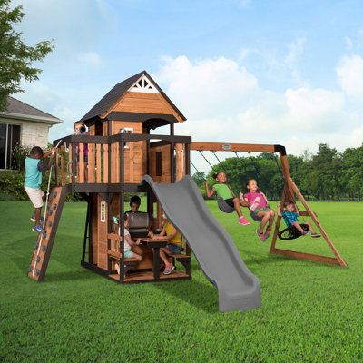 Backyard Discovery Canyon Creek Wooden Climbing Frame with 2 x Swings, Web Swing, Play Kitchen and Slide
