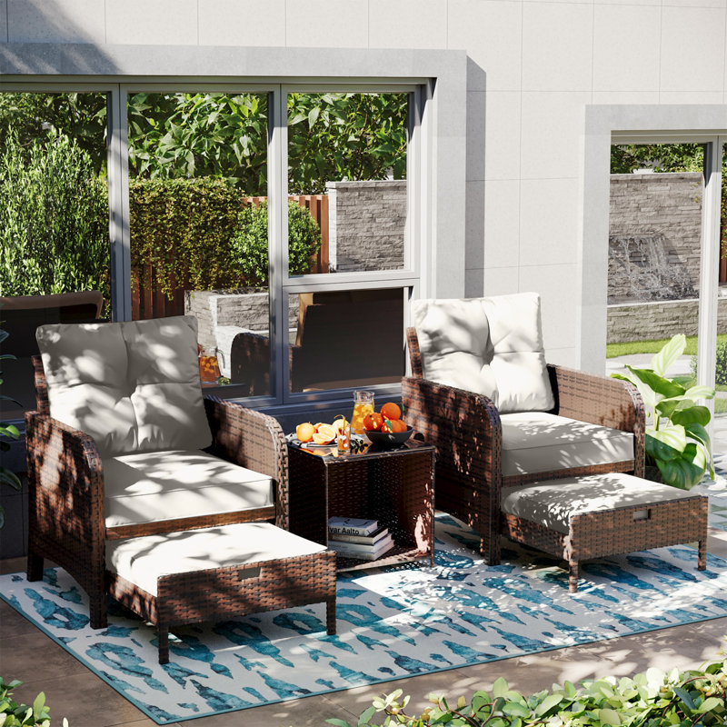 5 Pieces Outdoor Patio Chairs Set,PE Wicker Conversation Furniture with Cushions,Coffee Table,White, Ivory White
