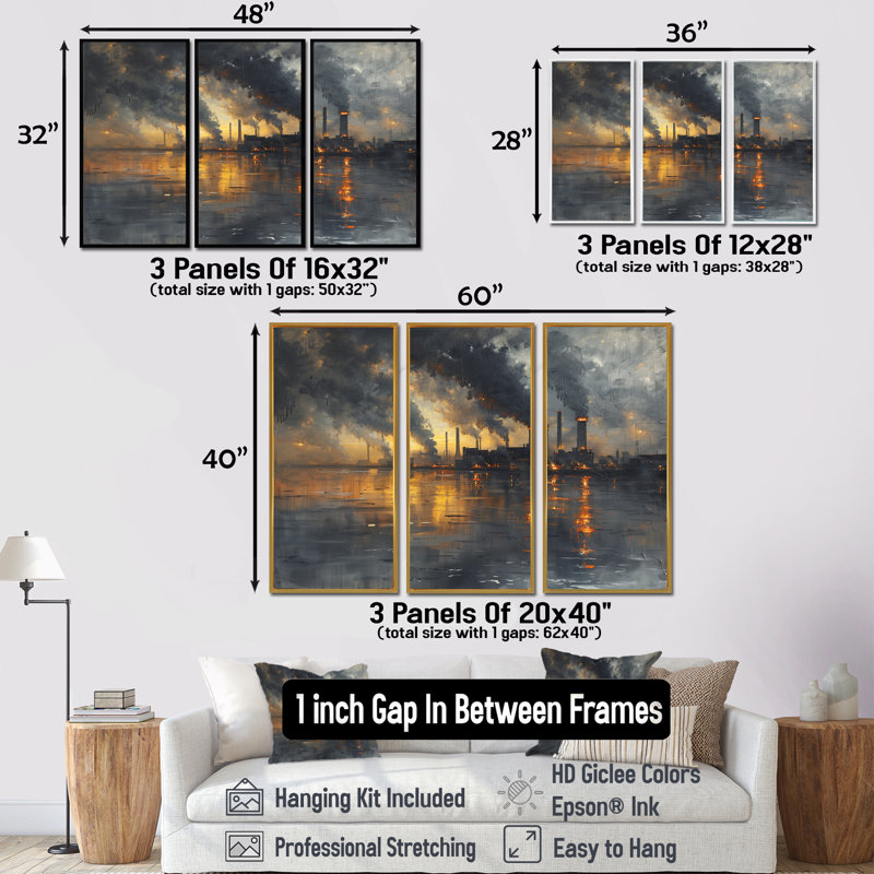 Ensemble d'œuvres murales gris et charbon I - Power Plants, H 28 po x l 36 po x P 1 po, Toile avec cadre flottant noir
